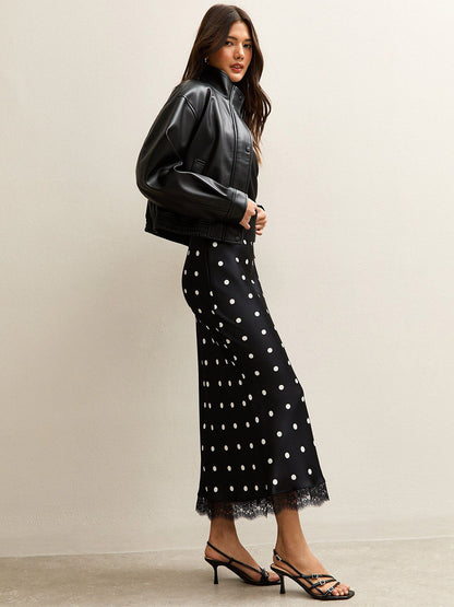 Polka Dot Satin Midi Skirt High Waist Slim Fit Lace Hem Elegant Formal Party Pencil Skirt