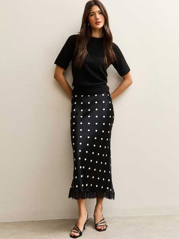 Polka Dot Satin Midi Skirt High Waist Slim Fit Lace Hem Elegant Formal Party Pencil Skirt