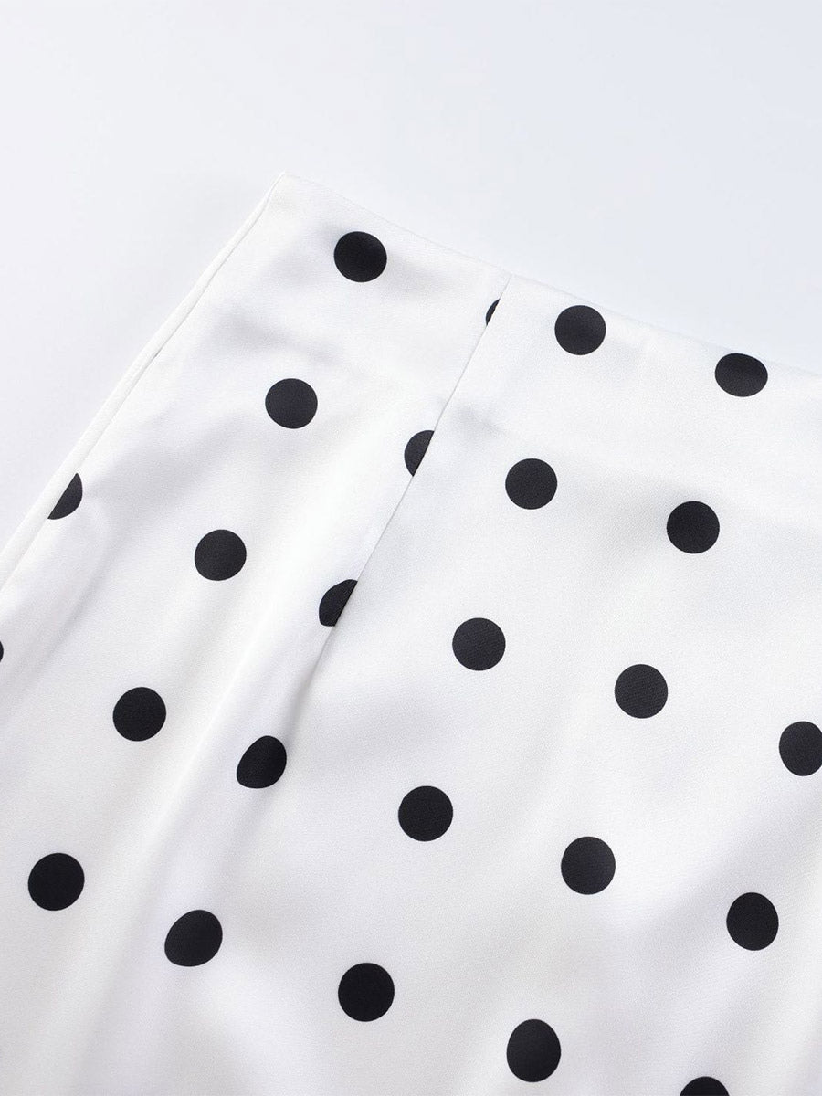 Polka Dot Satin Midi Skirt High Waist Slim Fit Lace Hem Elegant Formal Party Pencil Skirt
