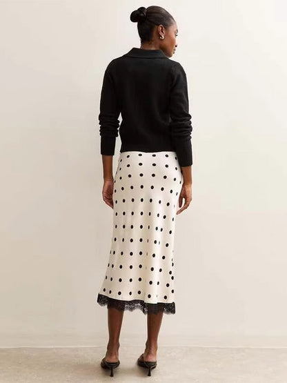 Polka Dot Satin Midi Skirt High Waist Slim Fit Lace Hem Elegant Formal Party Pencil Skirt