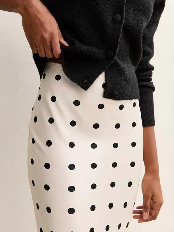 Polka Dot Satin Midi Skirt High Waist Slim Fit Lace Hem Elegant Formal Party Pencil Skirt