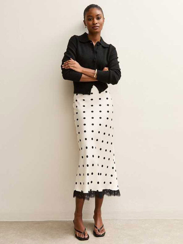 Polka Dot Satin Midi Skirt High Waist Slim Fit Lace Hem Elegant Formal Party Pencil Skirt
