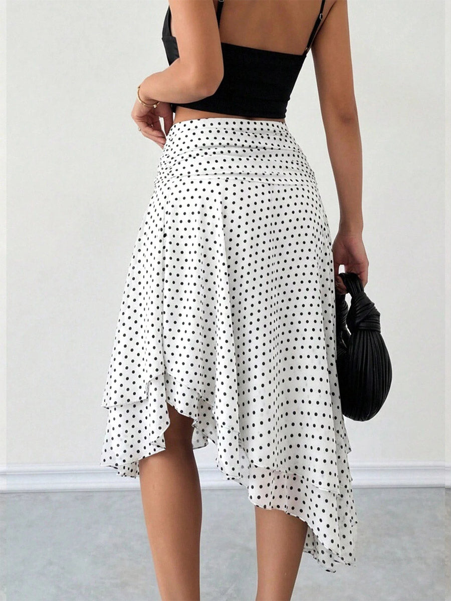 White Mini Dot High Waist Midi Skirt Irregular Ruffle Asymmetrical Hem Flowy Chiffon Skirt