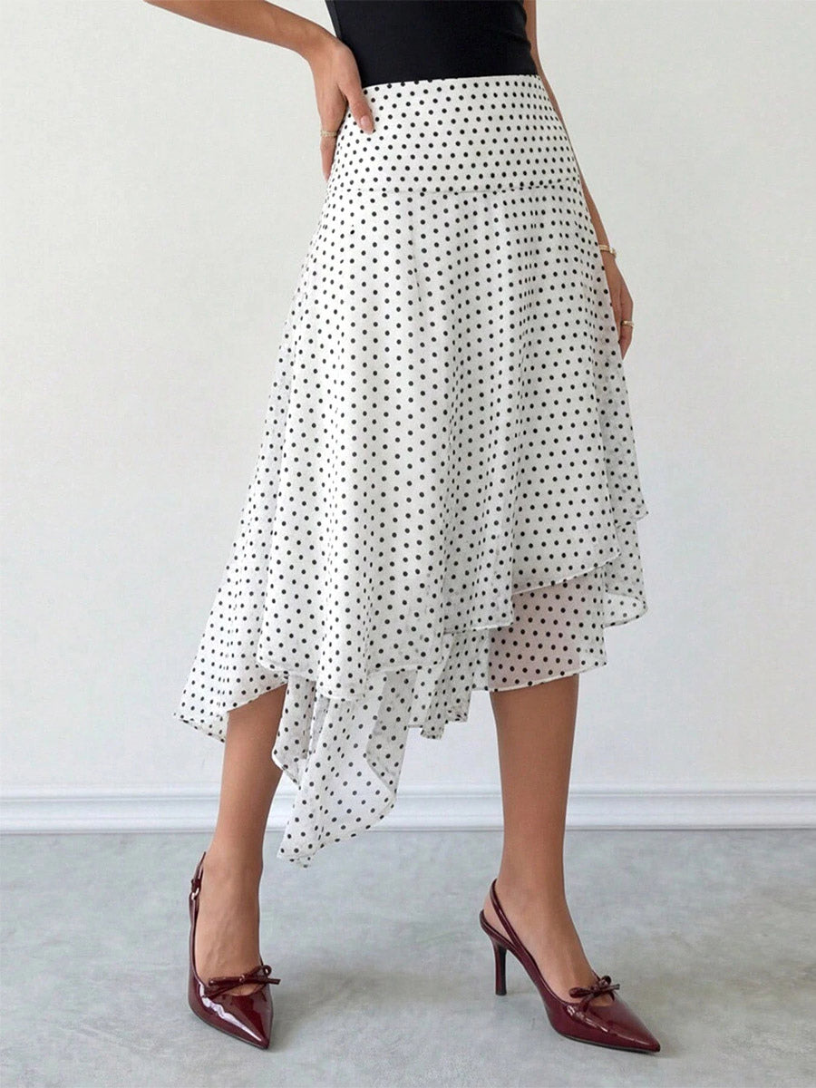 White Mini Dot High Waist Midi Skirt Irregular Ruffle Asymmetrical Hem Flowy Chiffon Skirt
