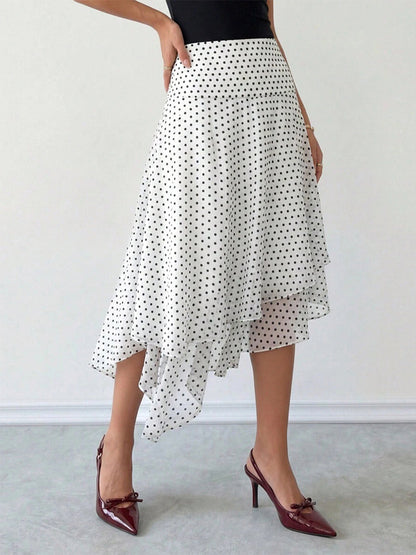 White Mini Dot High Waist Midi Skirt Irregular Ruffle Asymmetrical Hem Flowy Chiffon Skirt