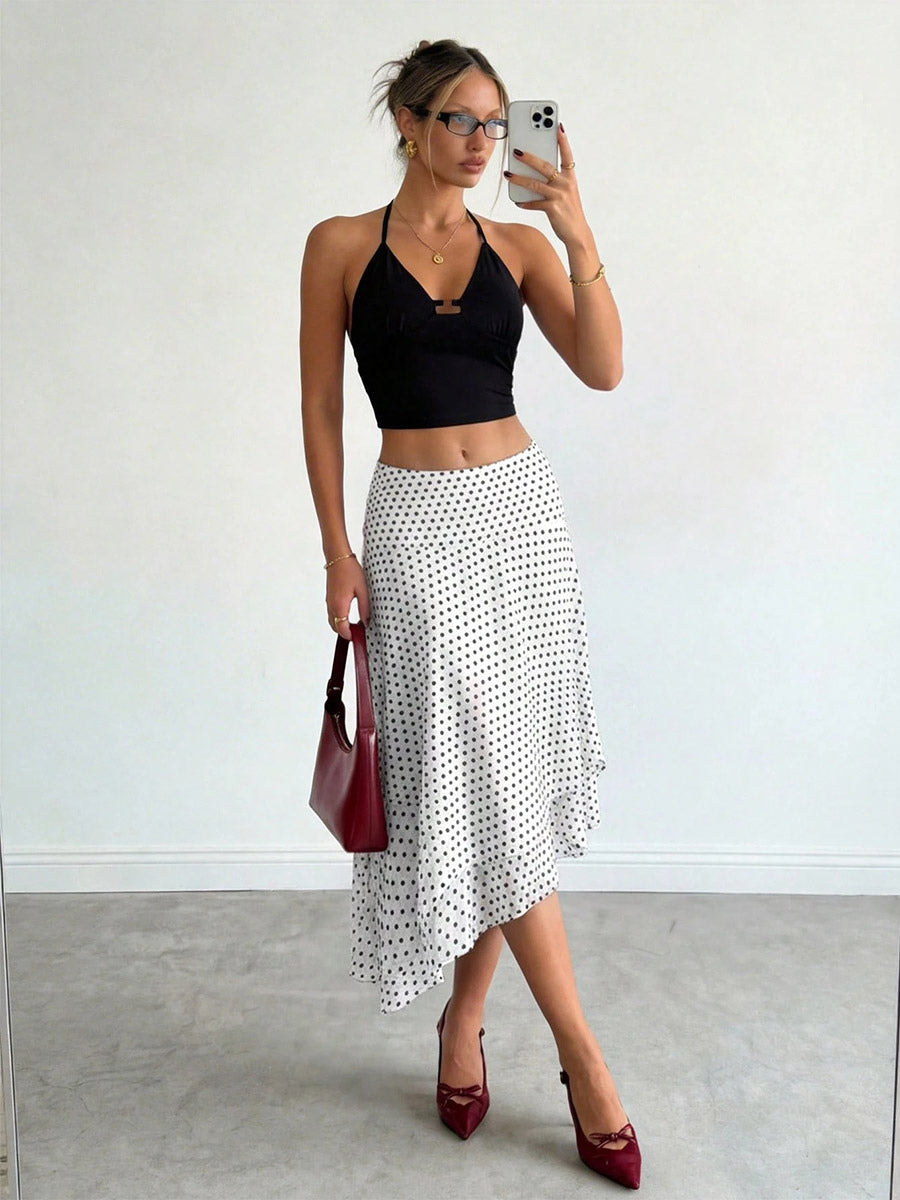 White Mini Dot High Waist Midi Skirt Irregular Ruffle Asymmetrical Hem Flowy Chiffon Skirt