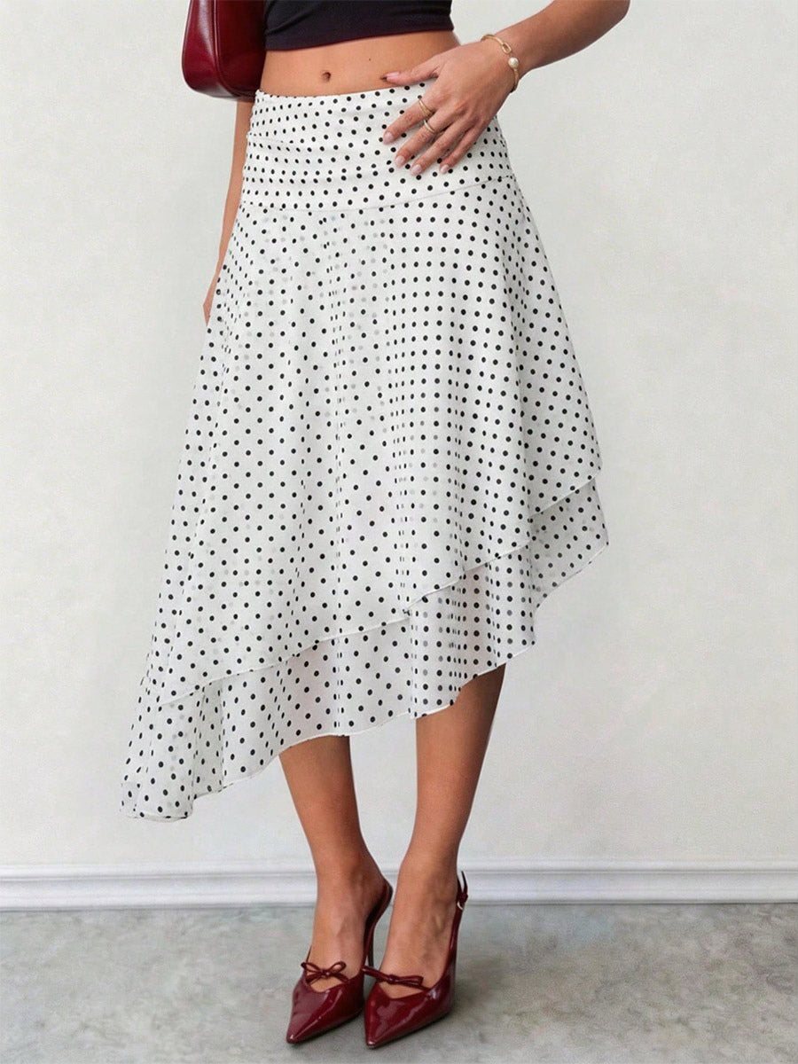 White Mini Dot High Waist Midi Skirt Irregular Ruffle Asymmetrical Hem Flowy Chiffon Skirt