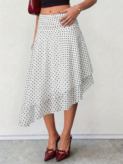White Mini Dot High Waist Midi Skirt Irregular Ruffle Asymmetrical Hem Flowy Chiffon Skirt
