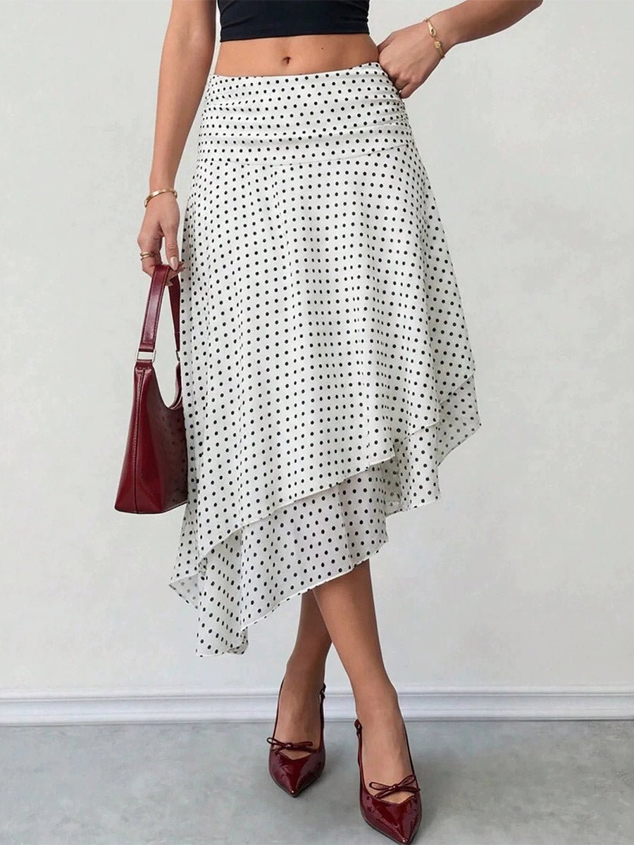 White Mini Dot High Waist Midi Skirt Irregular Ruffle Asymmetrical Hem Flowy Chiffon Skirt