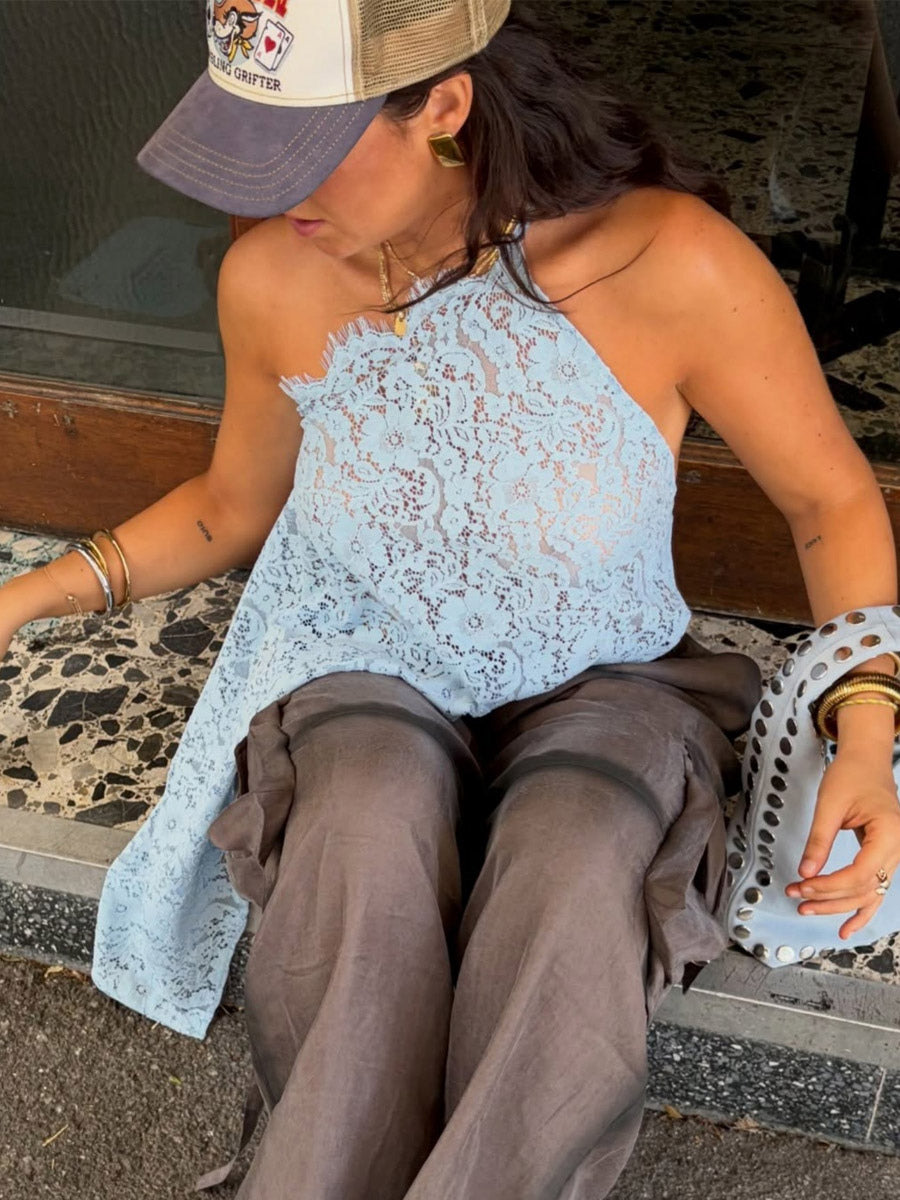 Scalloped Halter Lace Cami Top Irregular Asymmetrical Hem Back Tie Wrap Sheer Sleeveless Tank Top