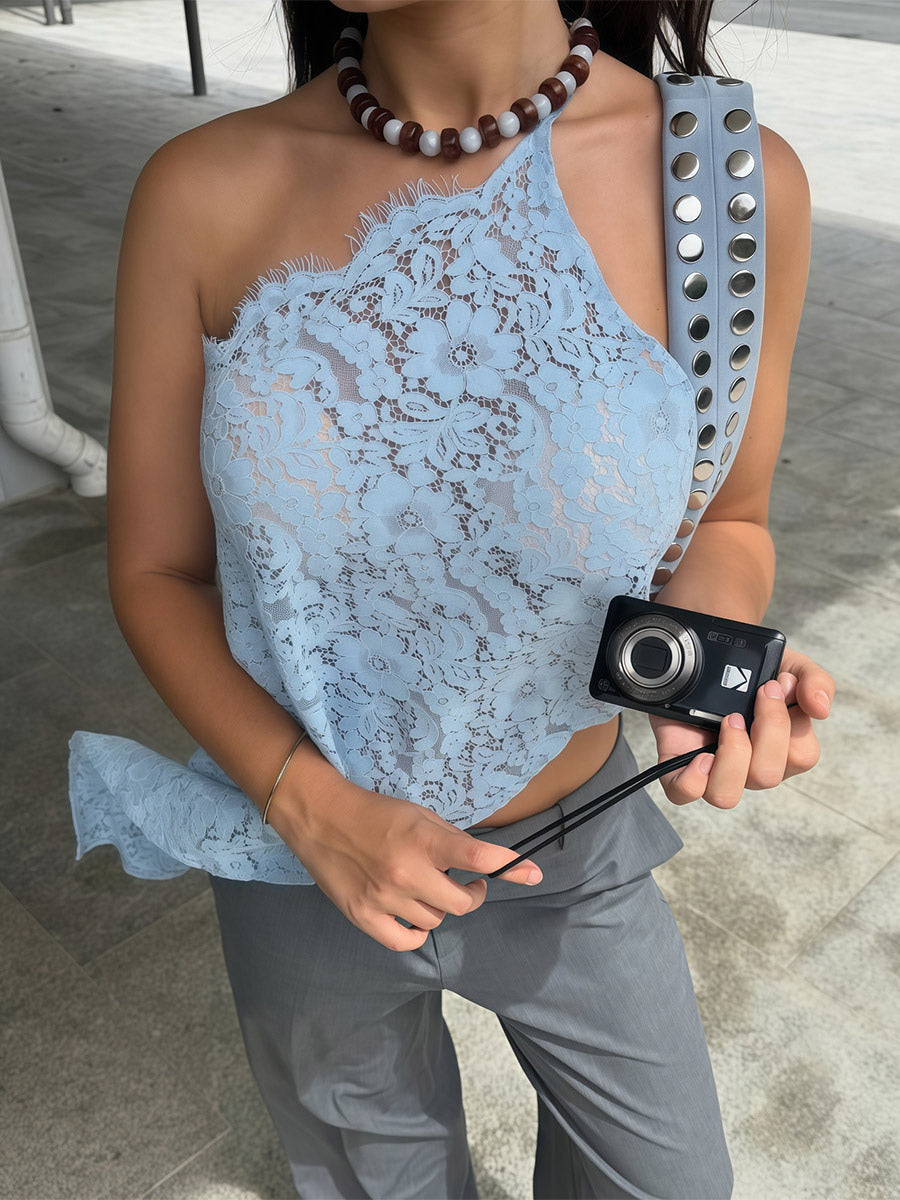 Scalloped Halter Lace Cami Top Irregular Asymmetrical Hem Back Tie Wrap Sheer Sleeveless Tank Top