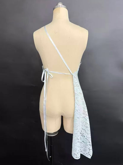 Scalloped Halter Lace Cami Top Irregular Asymmetrical Hem Back Tie Wrap Sheer Sleeveless Tank Top