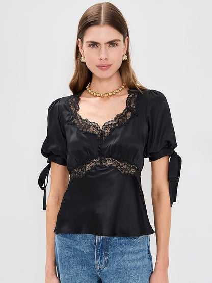 Lace Trim V Neck Puff Short Sleeve Satin Blouse Back Tie Waist Slim Fit Elegant Women Shirt