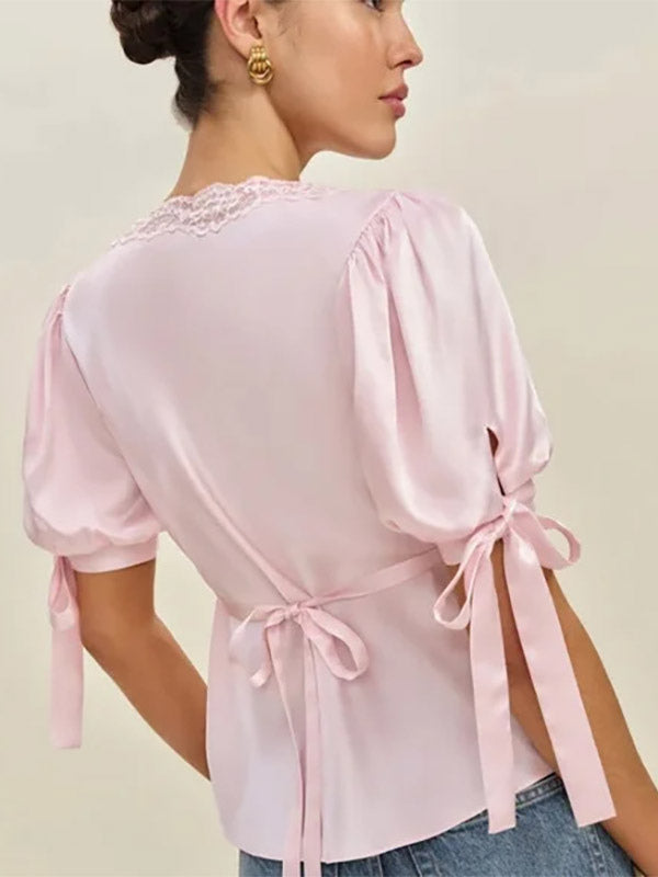Lace Trim V Neck Puff Short Sleeve Satin Blouse Back Tie Waist Slim Fit Elegant Women Shirt