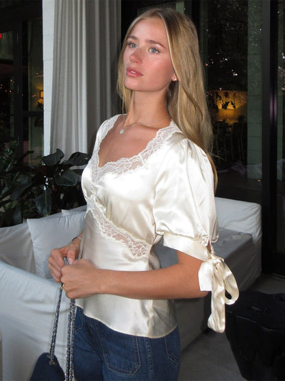 Lace Trim V Neck Puff Short Sleeve Satin Blouse Back Tie Waist Slim Fit Elegant Women Shirt