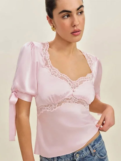 Lace Trim V Neck Puff Short Sleeve Satin Blouse Back Tie Waist Slim Fit Elegant Women Shirt