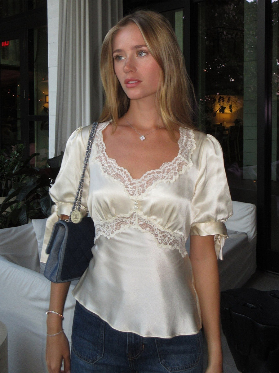 Lace Trim V Neck Puff Short Sleeve Satin Blouse Back Tie Waist Slim Fit Elegant Women Shirt