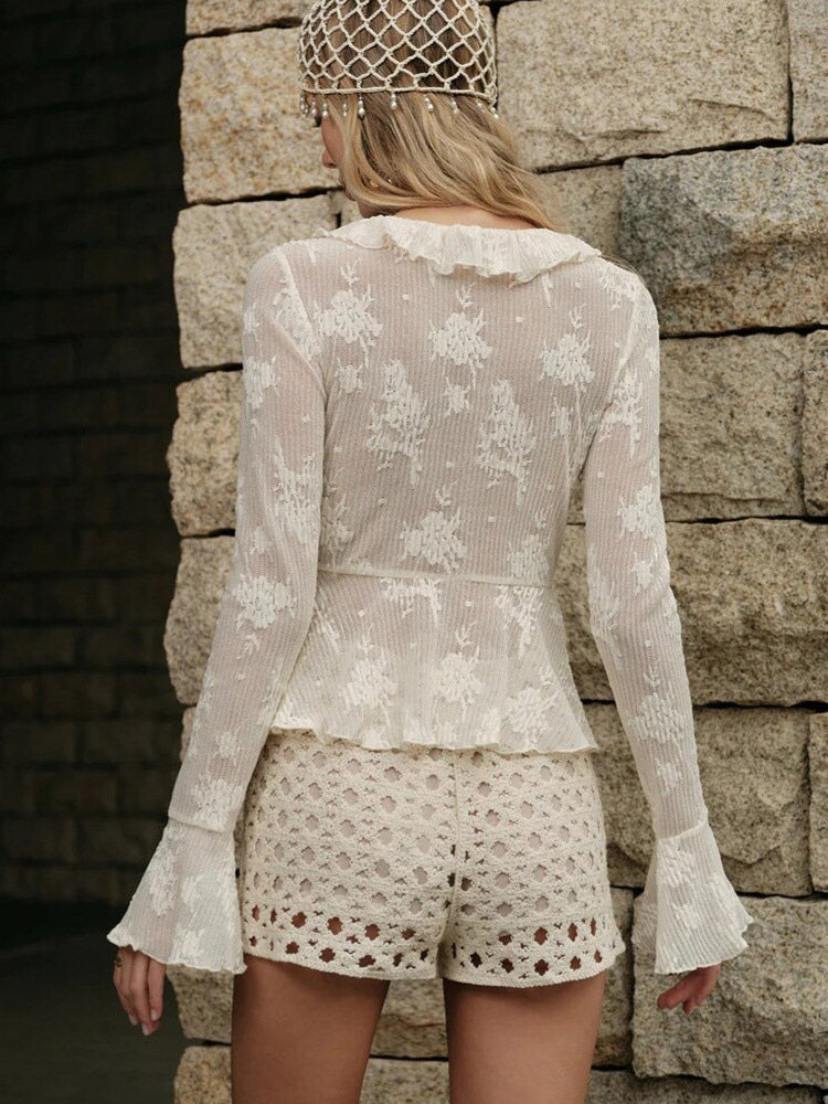 Ruffle V Neck Tie Front Sheer Floral Long Flare Sleeve Top Mesh Blouse