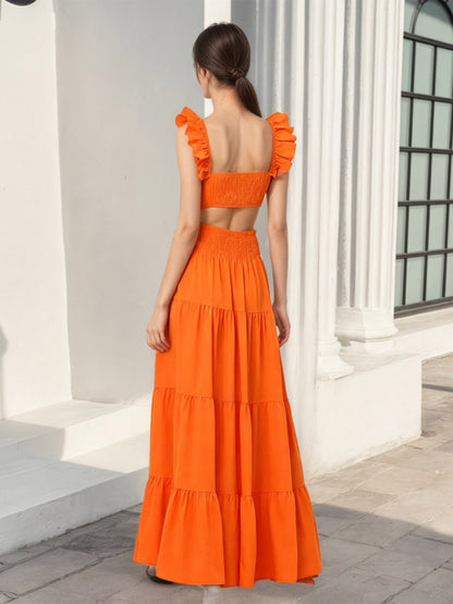Square Neck Ruffle Strap Crop Top Tiered Maxi Skirt 2 Piece Vacation Outfit Set