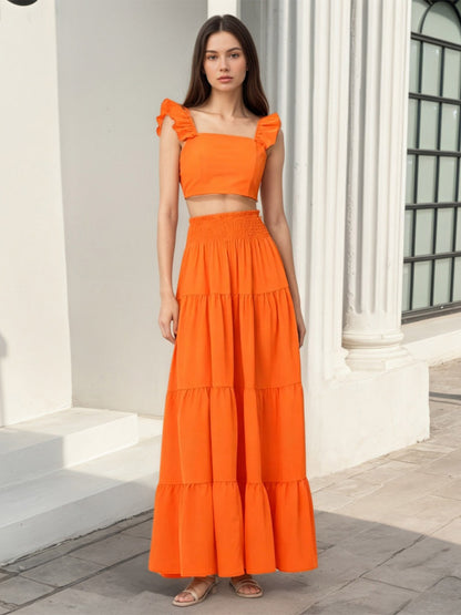 Square Neck Ruffle Strap Crop Top Tiered Maxi Skirt 2 Piece Vacation Outfit Set