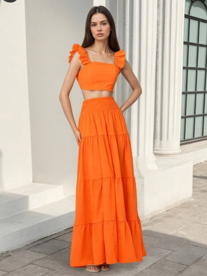 Square Neck Ruffle Strap Crop Top Tiered Maxi Skirt 2 Piece Vacation Outfit Set