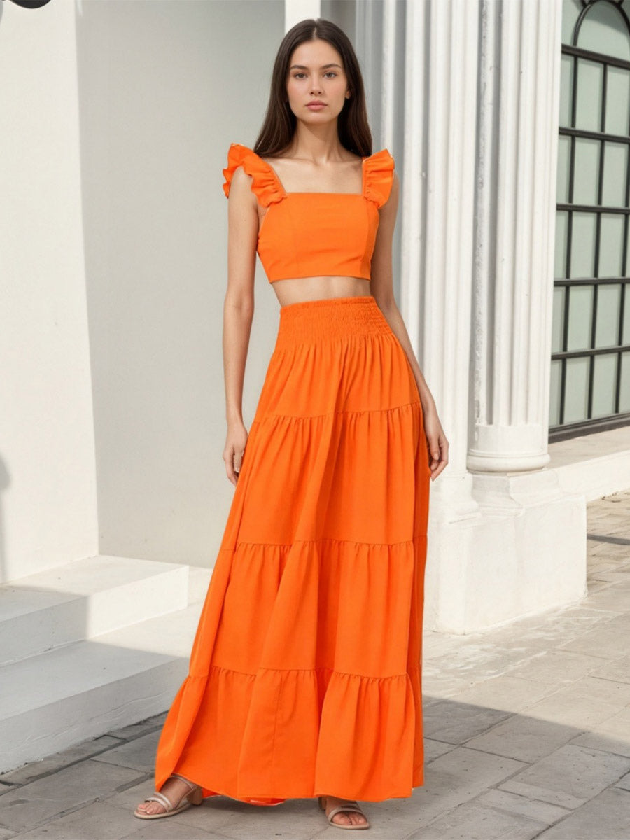 Square Neck Ruffle Strap Crop Top Tiered Maxi Skirt 2 Piece Vacation Outfit Set