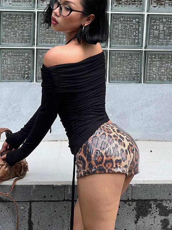 Low Rise Shiny Leopard Print Micro Booty Shorts Wet Look Faux Leather Y2K Club Mini Hot Pants