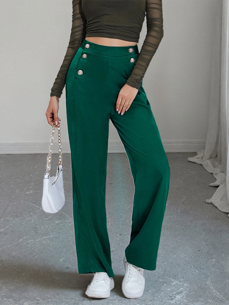 High Waist Double Row Button Decor Wide Leg Suit Pants Draped Formal Trousers