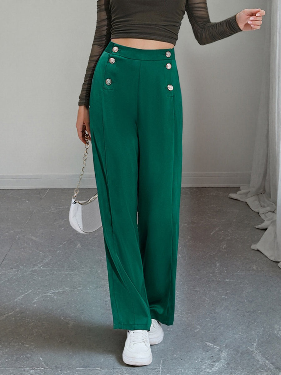 High Waist Double Row Button Decor Wide Leg Suit Pants Draped Formal Trousers