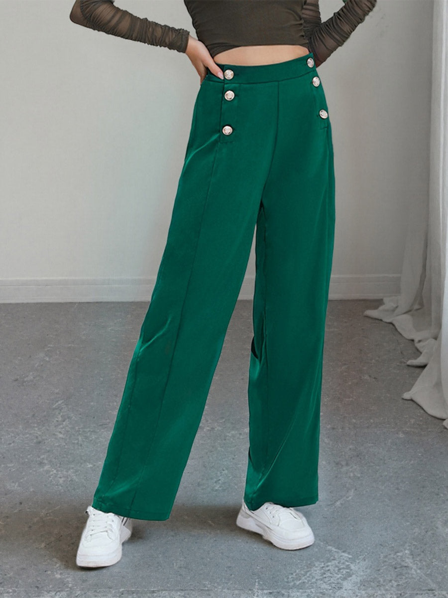 High Waist Double Row Button Decor Wide Leg Suit Pants Draped Formal Trousers