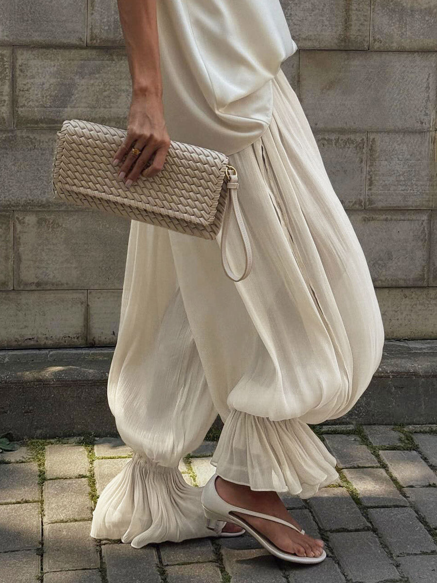 Elastic High Waist Ruffle Cuff Wide Leg Harem Pants Flowy Draped Casual Trousers