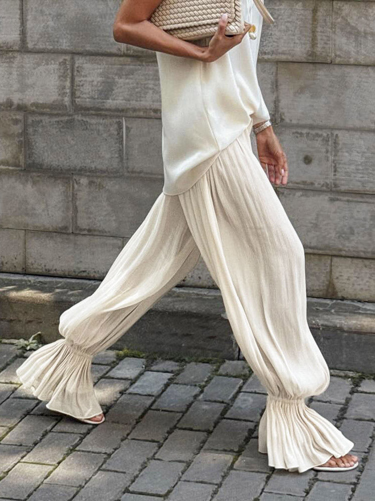 Elastic High Waist Ruffle Cuff Wide Leg Harem Pants Flowy Draped Casual Trousers