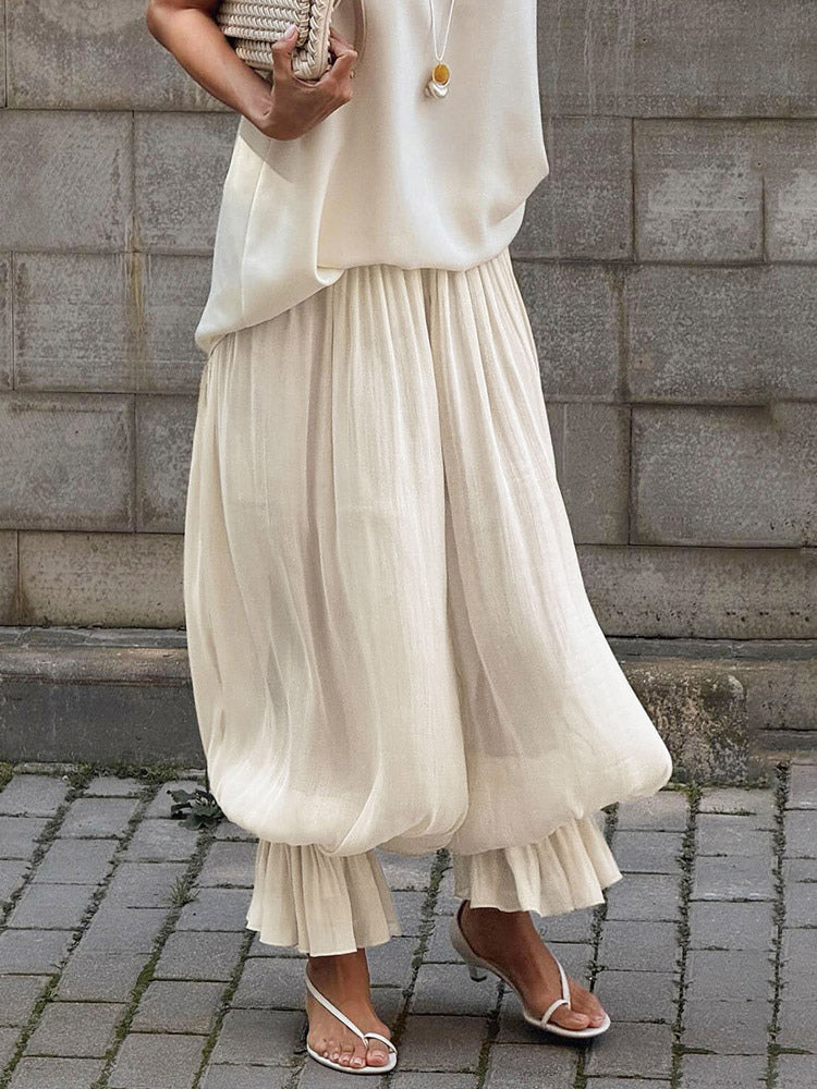 Elastic High Waist Ruffle Cuff Wide Leg Harem Pants Flowy Draped Casual Trousers