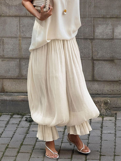 Elastic High Waist Ruffle Cuff Wide Leg Harem Pants Flowy Draped Casual Trousers