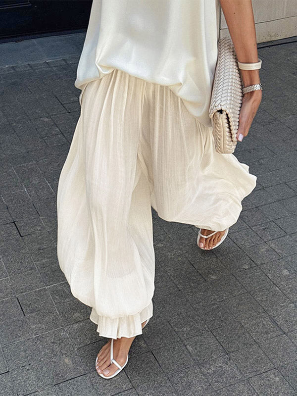 Elastic High Waist Ruffle Cuff Wide Leg Harem Pants Flowy Draped Casual Trousers
