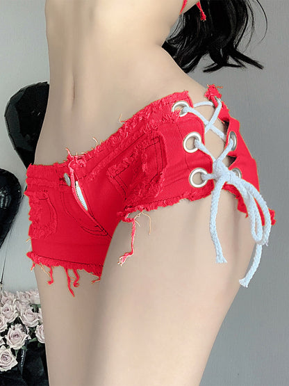 Side Lace Up Raw Hem Denim Micro Hot Shorts Multi Color Y2K Club Booty Shorts