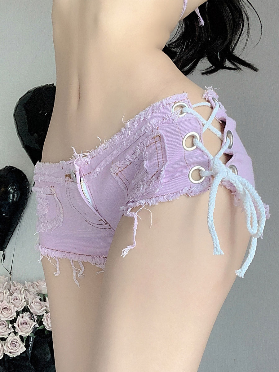 Side Lace Up Raw Hem Denim Micro Hot Shorts Multi Color Y2K Club Booty Shorts