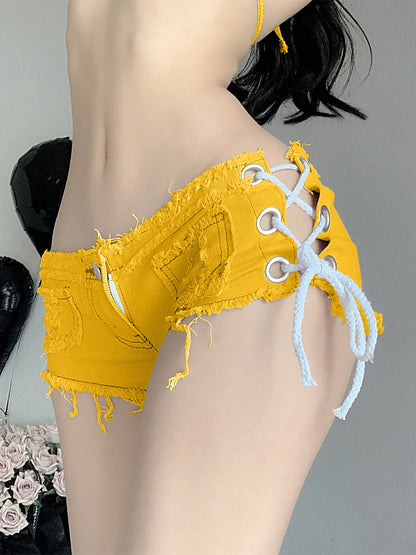 Side Lace Up Raw Hem Denim Micro Hot Shorts Multi Color Y2K Club Booty Shorts