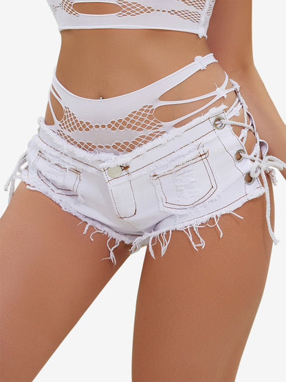 Mesh Patch Back Side Lace Up Raw Hem Denim Micro Hot Shorts Multi Color Booty Shorts