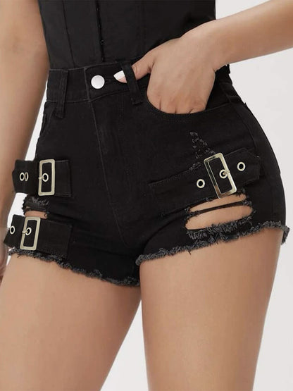 High Waist Double Metal Buckle Cut Out Raw Hem Black Denim Mini Shorts