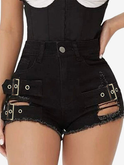 High Waist Double Metal Buckle Cut Out Raw Hem Black Denim Mini Shorts