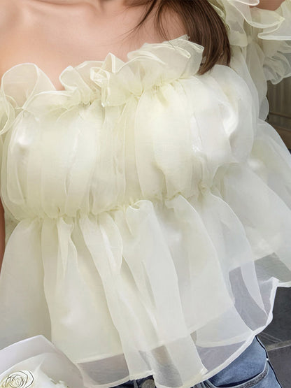 Off Shoulder Ruffle Bubble Sleeve Organza Peplum Crop Top Fairy Blouse For Women