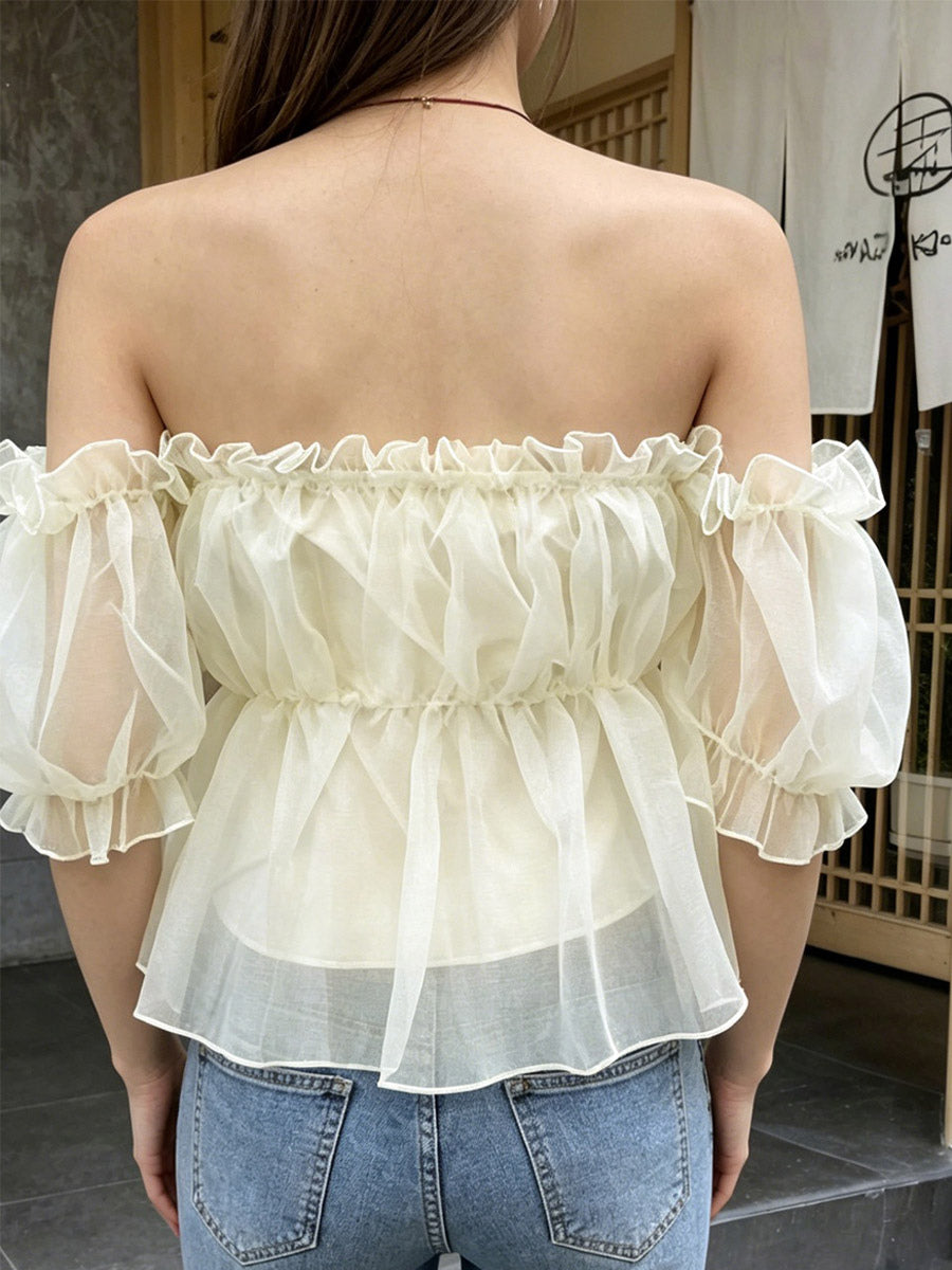 Off Shoulder Ruffle Bubble Sleeve Organza Peplum Crop Top Fairy Blouse For Women