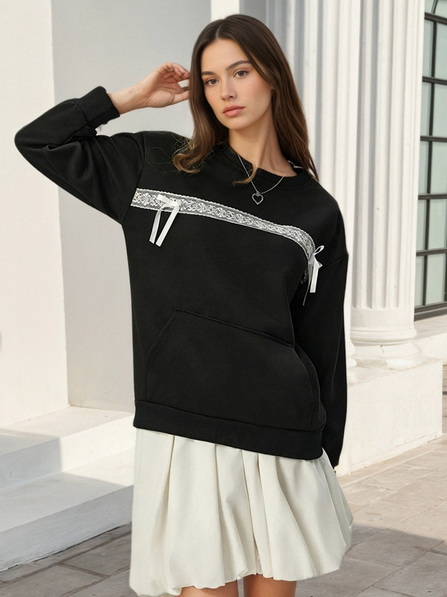 Lace Bow Crew Neck Oversized Sweatshirt Front Kangaroo Pocket Long Sleeve Pullover