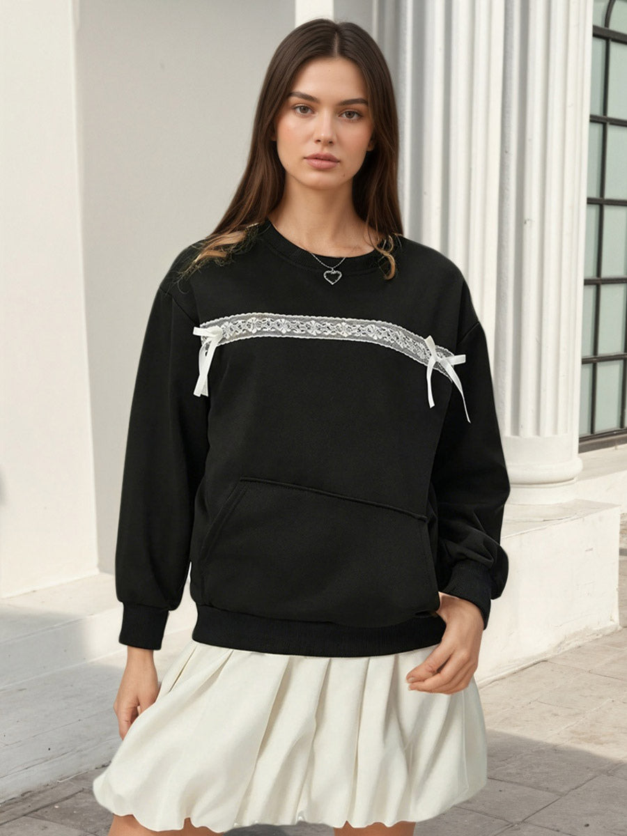 Lace Bow Crew Neck Oversized Sweatshirt Front Kangaroo Pocket Long Sleeve Pullover