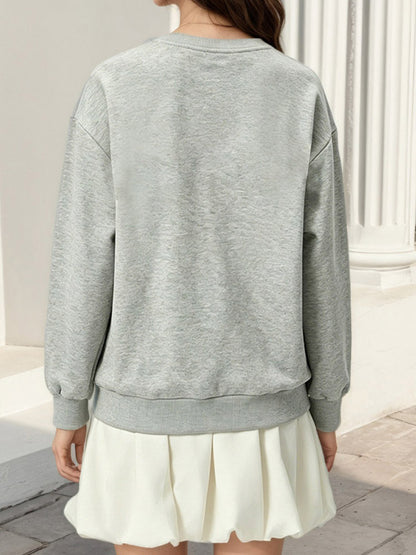 Lace Bow Crew Neck Oversized Sweatshirt Front Kangaroo Pocket Long Sleeve Pullover
