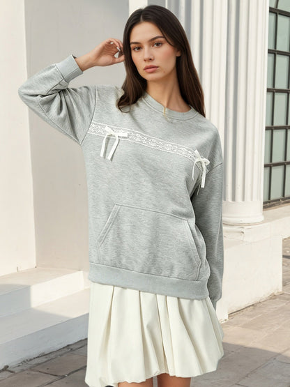 Lace Bow Crew Neck Oversized Sweatshirt Front Kangaroo Pocket Long Sleeve Pullover