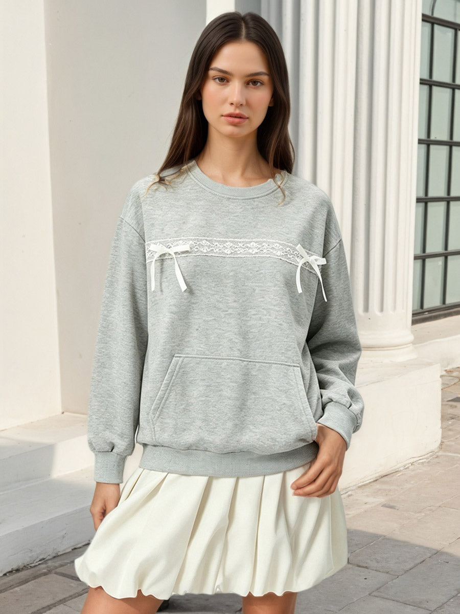 Lace Bow Crew Neck Oversized Sweatshirt Front Kangaroo Pocket Long Sleeve Pullover