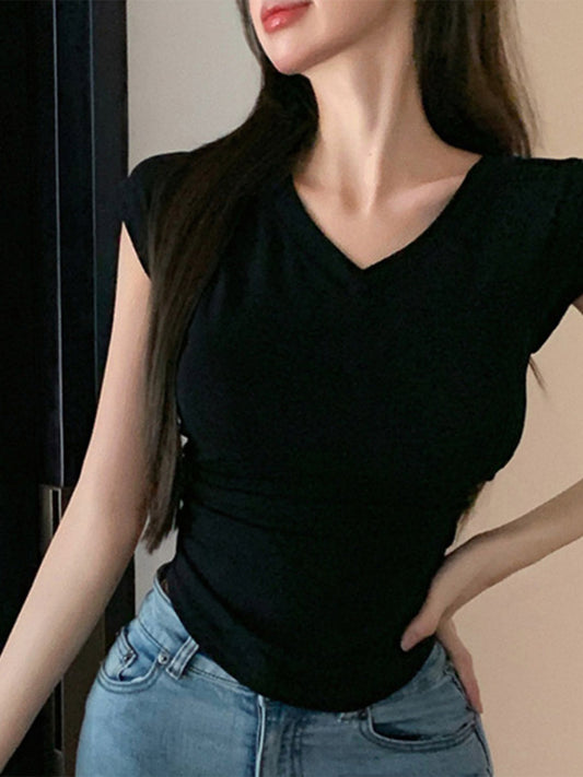 V Neck Side Ruched Slim Fit Short Sleeve T-Shirt Curved Hem Cropped Tee Basic Top