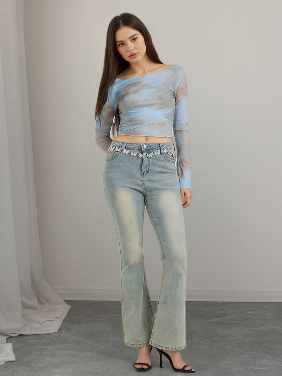 Off Shoulder Tie Dye Mesh Long Sleeve Crop Top Sheer See Through Slim Fitted Club Tee
